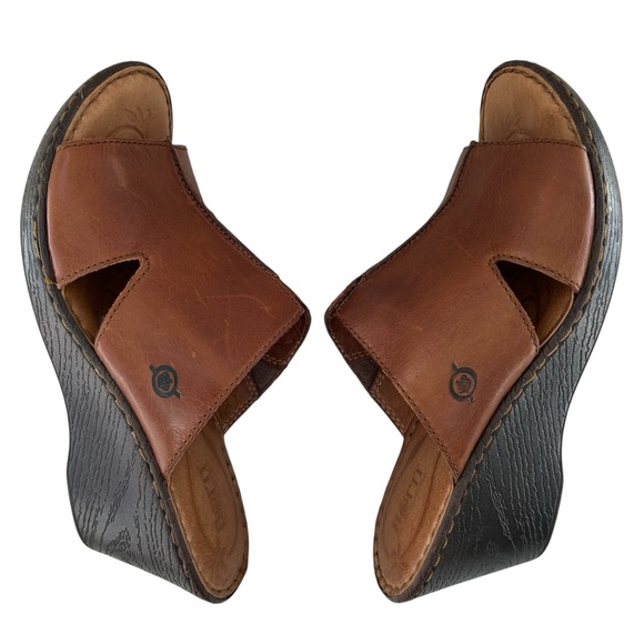 BORN Brown Leather Wedge Slide Sandals 10 - Picture 5 of 11